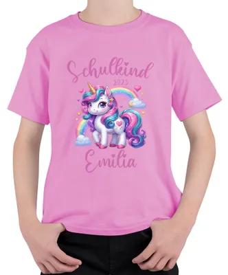 Produktbild von Schulkind 2025 personalisiert Wunschname | Einhorn Mädchen Regenbogen Süße Herzen Uni Kinder T-Shirt, Pink, 116