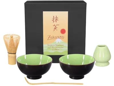 Produktbild von Matcha Set / Matchaset / 2x Matcha Schale 250ml, sommergrün mit Besen/Löffel/Halter in Geschenkbox