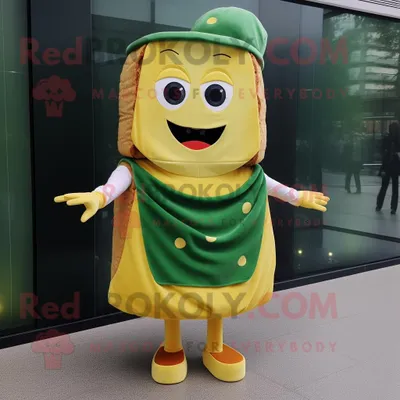 Imagen del producto de Personaje REDBROKOLY de disfraz de mascota Olive Grilled Cheese Sandwich vestido con una falda acampanada y relojes digitales