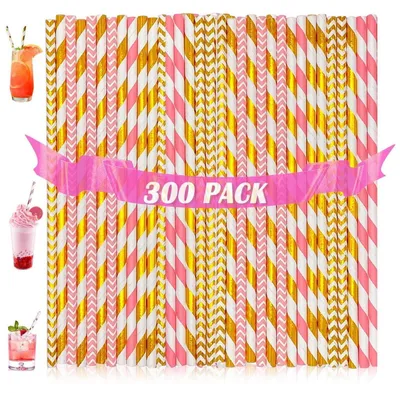 Image de 300 pailles en papier, 19,7 cm, rose vif et or, biodégradables