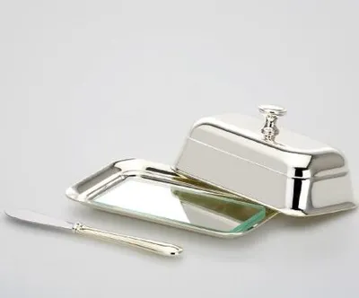 Produktbild von Butterdose 1/4 Pfund mit Glaseinsatz & Buttermesser 13,5 x 8,0 cm Höhe 6,0 cm versilbert Anlaufgeschützt