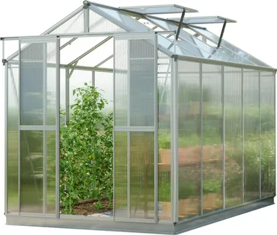 Produktbild von GFP Gewächshaus Picco 5 - Aluminium-Rahmen - 179x322 cm - 6 mm Polycarbonat - mit Fundamentrahmen und 1 autom. Fensteröffner