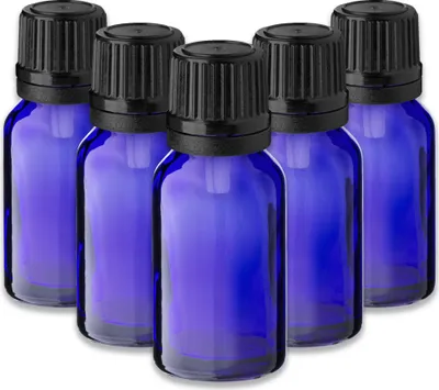 Produktbild von 5x Blaue Glasflasche 15 ml mit schwarzem Tropfeinsatz Tropfer leer