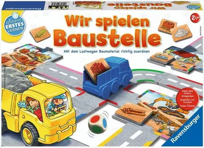 A board game box showing a construction site theme with trucks, building materials, and game pieces.
