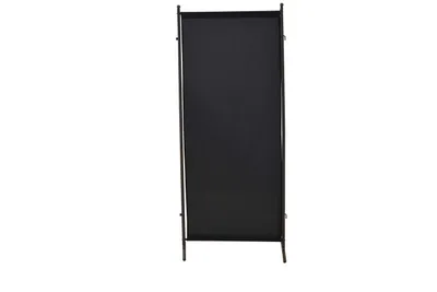 A black privacy screen with a metal frame on a white background.