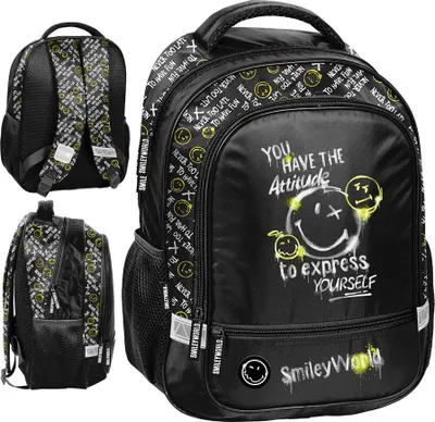 Produktbild von Paso | Schulrucksack Smiley World - Schwarz - Ergonomisch - Zwei Fächer - Hohe Qualität