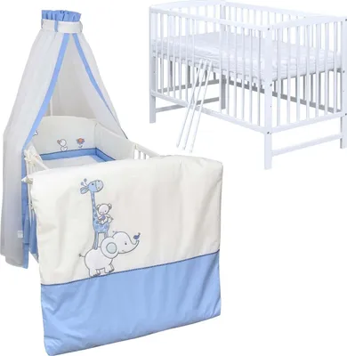 Produktbild von Baby-Delux Babybett Kinderbett Gitterbett Milo Weiß 120x60 Komplett Bettset 10-tlg mit Stickerei Zirkus Blau