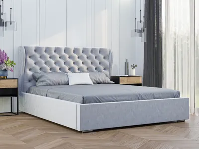 Obrázok produktu pre GRAINGOLD Čalúnená posteľ 180x200 Florencia - Podstavec pod posteľ a lamelový rošt - Čelo postele s ušami Chesterfield - Svetlosivá (Magic velvet 18)