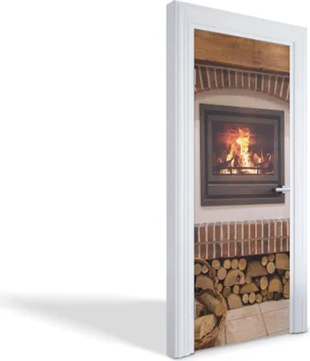 Produktbild von Türfolien Design Selbstklebende Wandsticker Türtapeten - Kamin mit Holz - 75 x 205 cm