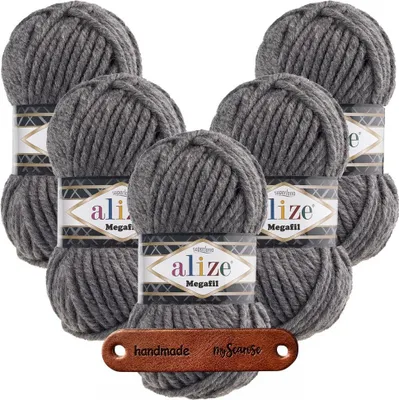 Produktbild von 5 x ALIZE Superlana Megafil 182 Medium Grey Melange mit Label