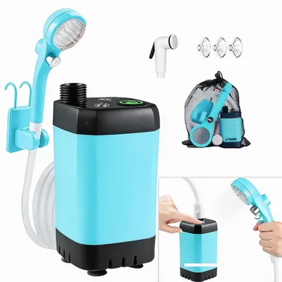 Produktbild von Outdoor-Camping-Duschpumpe mit intelligenter Digitalanzeige, elektrische tragbare Camping-Dusche 6000mAh mit Pumpe, Mobile Duschen Außenduschen, Blau