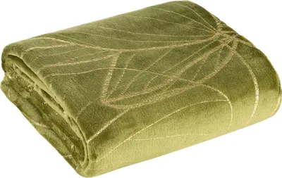 A folded green blanket with a gold leaf pattern.