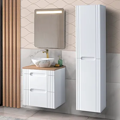 Produktbild von Badmöbelset weiß 60cm Waschtisch mit Waschbecken, Hochschrank, LED-Spiegel, FAIRFIELD-56
