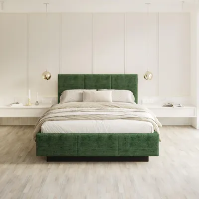 Produktbild von FDM Bett ALMADA Cord 180x200 cm Polsterbett mit Lattenrost aus Metall Bettkasten Stauraumbett Samt dunkelgrün