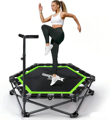 Immagine prodotto di ZMH Trampolino da interno pieghevole mini per bambini con manubrio regolabile in altezza, portata 150 kg, Ø 86,5 cm, trampolino da giardino per adulti da usare a casa