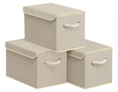 Produktbild von SONGMICS Aufbewahrungsbox 3er Set mit Deckel, Faltbare und Stapelbare Stoffboxen, 38 x 25 x 25 cm, Beige