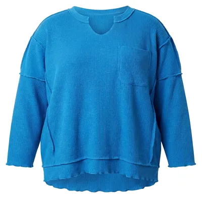 Produktbild von Blaue Damen Rippstrick-Bluse Größe L mit V-Ausschnitt und Brusttasche