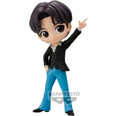 A figurine of a character from the K-pop group BTS, specifically Suga, in a stylized Q Posket design.