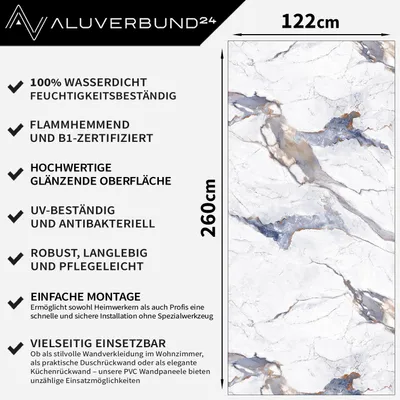Produktbild von PVC Wandpaneel Duschrückwand Blue-Sky in Marmor-Optik Hochglanz - 122x260cm