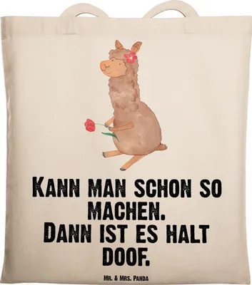Produktbild von Mr. & Mrs. Panda Tote Bag Alpaka Blume - Transparent - Geschenk, Lama, dokumententasche, Spruch, Lamas, Laptoptasche, Schultasche, Uni Tasche
