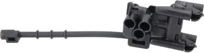 A black plastic electrical connector with a flexible cord.