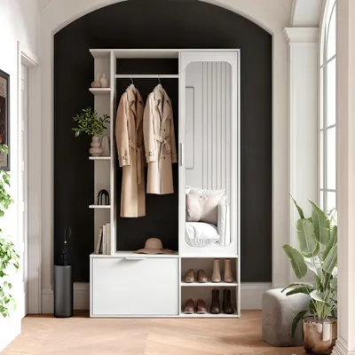 Produktbild von Garderobe mit Spiegel ELIOR rechts, Alpinweiß, moderner Flurschrank mit Stauraum, Kleiderstange und Ablagen