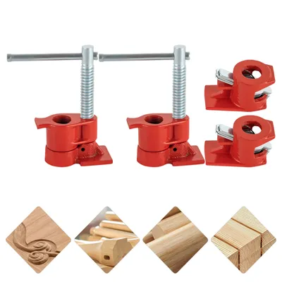 A set of four red pipe clamps with silver threaded rods, arranged in two pairs. Below the clamps are four small diamond-shaped images showcasing wood carving and lumber.