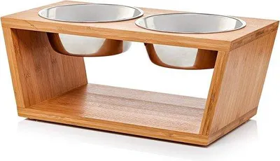 Produktbild von Famanu Futterstation für Hunde - Erhöhte Futterbalken mit 4 Edelstahl-Schalen 1500 ML - Holzplattform für mittlere und große Hunde