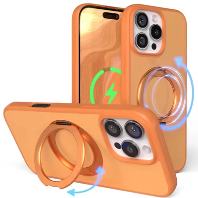 Produktbild von EAZY CASE - MagSafe Handyhülle für Apple iPhone 16 Pro Max, Ring zum Aufstellen, 360° drehbar, Magsafe Silikonhülle zum Aufstellen, stoßfest Cover in Orange