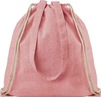 A pink drawstring backpack with handles is shown against a white background.
