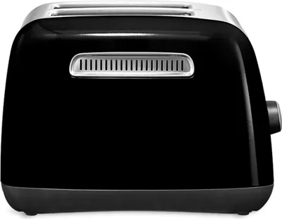 A close-up view of the side of a black toaster.