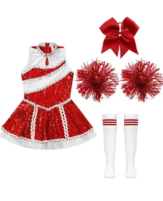 Produktbild von Mädchen Cheerleader Kostüm Gr. 176 Cm – Glitzerndes Tanzkleid mit Pompons Set | Ärmellose Cheerleading Uniform für Karneval & Party