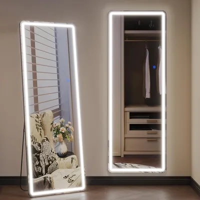 Obrázek produktu pro Zrcadlo stojací, rozměry 178 x 65 cm, vysoké zrcadlo s osvětlením, velké LED nástěnné zrcadlo, celotělové stojací zrcadlo, samostatně stojící podlahové zrcadlo