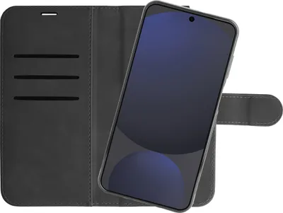 A black flip-case phone cover with a smartphone inside, shown from a slightly elevated angle.