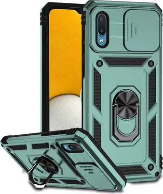 Produktbild von Galaxy A02 Hülle mit Schiebe Kamera Schutz und Ringhalter Ständer Robust Rüstung Schutzhülle für Samsung Galaxy A02 Grün