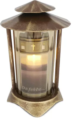 Produktbild von Grablaterne, Grableuchte aus Metall rund in hochwertiger Bronzeoptik 21 cm inkl. LED-Grablicht