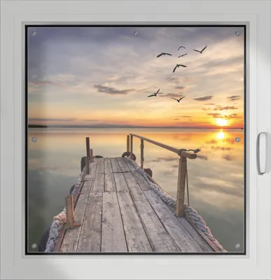 Produktbild von Wallario Lichtschutzbild, Dekorativer Sichtschutz Sonnenschutz 96 x 100 cm mit Motiv: Sonnenuntergang über dem See  idyllischer Steg - Verdunklung ohne Bohren