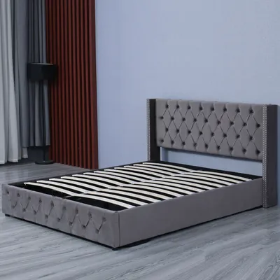 Produktbild von Merax Polsterbett 140x200cm mit Bettkasten und Lattenrost, Hydraulisches Boxspringbett, Ohrenform Doppelbett aus Samt, Straumbett Funktionsbett, Grau