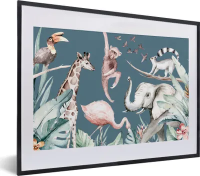 Produktbild von MuchoWow® MuchoWow® Gerahmtes Poster Aquarell - Tiere - Dschungel - Affe - Jungen - Blau - Kinder - Kinder 40x30 cm - Poster mit zchwarzem Bilderrahmen - Bilderrahmen - Poster im Rahmen