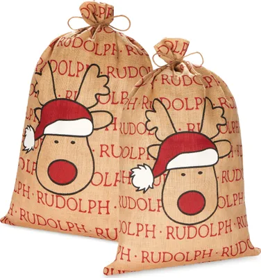 Produktbild von BRUBAKER Weihnachtssack Rudolph Rentier mit Weihnachtsmütze - 80 cm Geschenksack Weihnachten - Nikolaussack Jutebeutel Sack, 2 Stück
