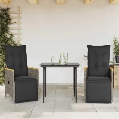 Produktbild von 2 Gartenstühle aus grauem Polyrattan mit Kissen, verstellbarer Rückenlehne und Fußstütze, stabilem Stahlrahmen für den Außenbereich