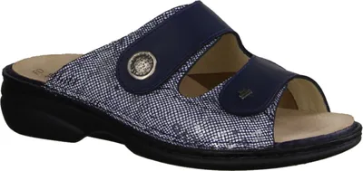 Produktbild von Finn Comfort Zeno Pantolette Damen, Leder,/Stretch, Blau, bequeme Pantolette - Damenschuhe Prophylaxe / Diabetiker, Blau, leder (words/nube/stretchcamo)