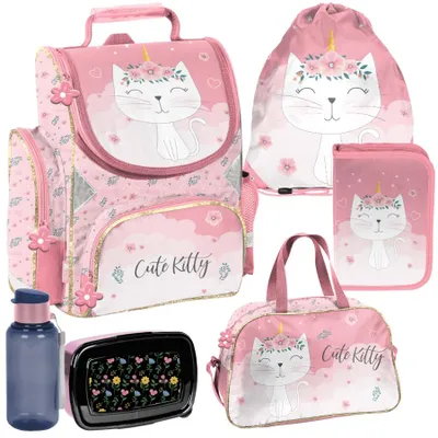 Immagine prodotto di Set scolastico Mega – GATTO: set da 6 pezzi con zainetto per bambini e bambine, classi 1-3, Kitty