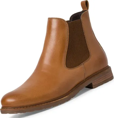 A single brown leather Chelsea boot is shown against a white background.