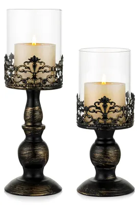 Image de Elzusha - Ensemble de 2 bougeoirs vintage - Décoration en métal noir, idéale pour cheminée