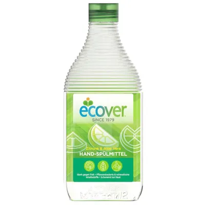 A bottle of Ecover dish soap with lemon and aloe vera scent.