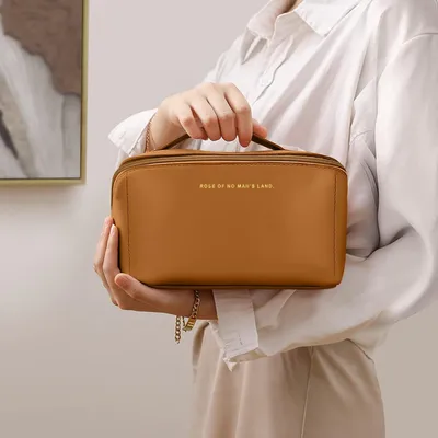 Produktbild von Reis Make-up Tasche - Kunstleder - Große Kapazität - Wasserdicht - Tragbar - Toilettenartikel-Organizer - Toilettenartikel - Braun