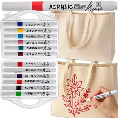 Produktbild von Baumwolltasche Einkaufstasche Stoffbeutel Set 2er zum Bemalen mit 12 Acrylmarkern DIY Geschenk