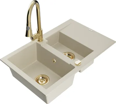 Produktbild von Mexen Gaspar 1,5-Becken-Granitspüle mit Abtropffläche und Mischbatterie Elia, Beige - 6507-69-670101-50