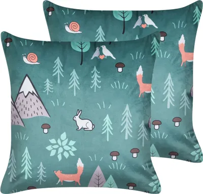 Obrázok produktu pre BELIANI Sada 2 dekoratívnych vankúšov mätová zelená zamatová 45 x 45 cm pre deti motív lesa moderný štýl dekorácie doplnky